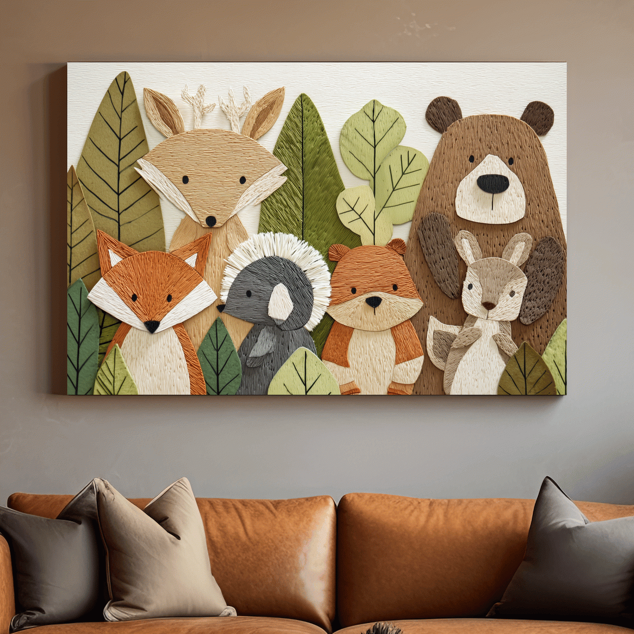 Woodland Animal Nursery Decor - Cute Forest Animals Embroidery Style Wall Art
