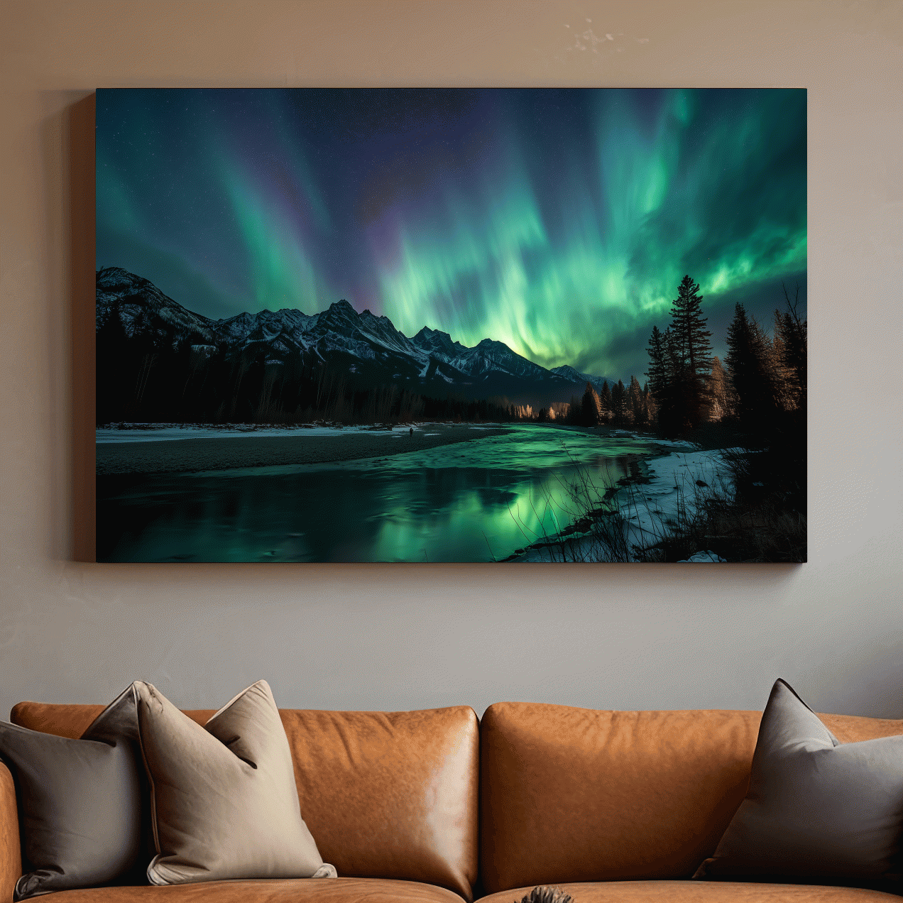 Vibrant Green Northern Lights Over Frozen Lake - Aurora Borealis Landscape Wall Art