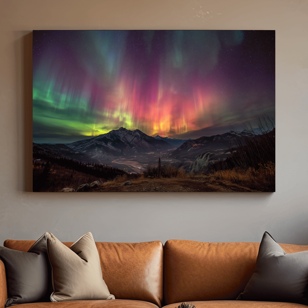 Vibrant Aurora Borealis Over Mountain Range - Colorful Northern Lights Landscape Wall Art