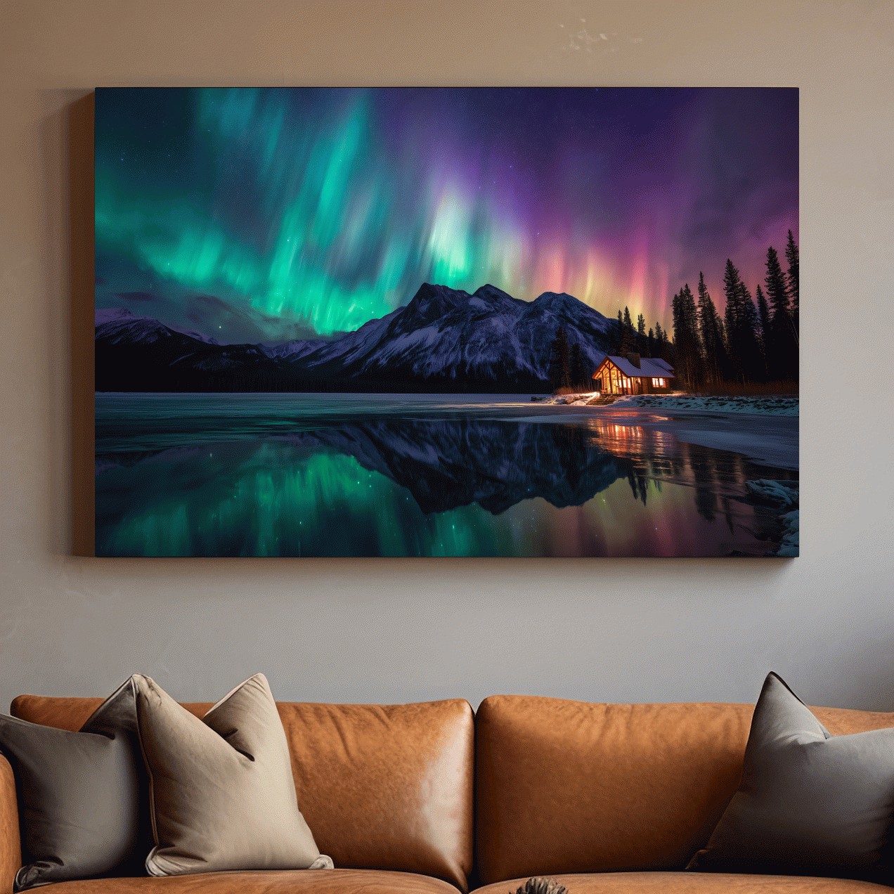 Vibrant Northern Lights Over Mountain Lake Cabin - Aurora Borealis Landscape Wall Art
