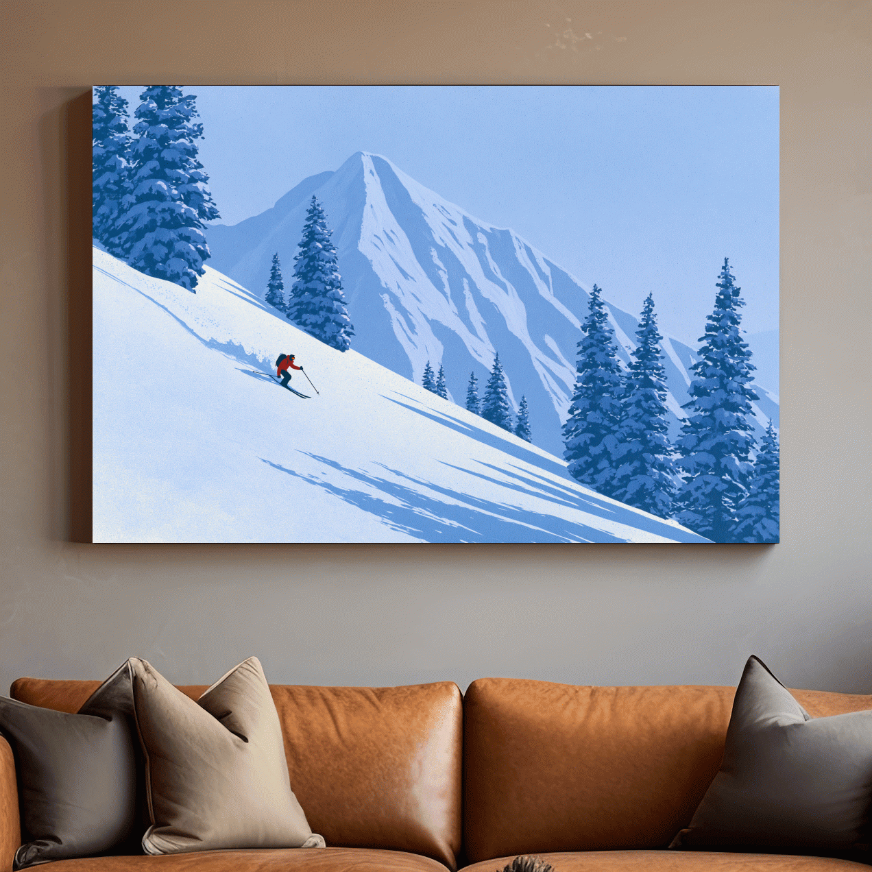 Minimalist Snowy Mountain Skier Landscape - Winter Alpine Illustration Wall Art