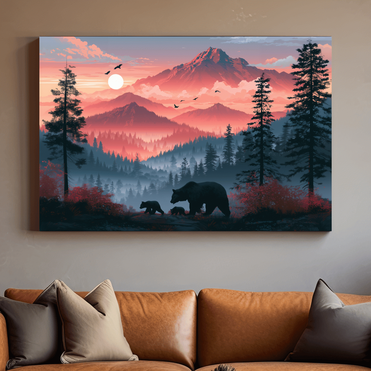 Sunset Mama Bear & Cubs Silhouette - Forest Wildlife Wall Art