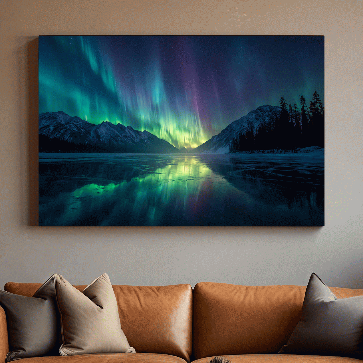 Vibrant Northern Lights Over Icy Mountain Lake - Aurora Borealis Wall Art