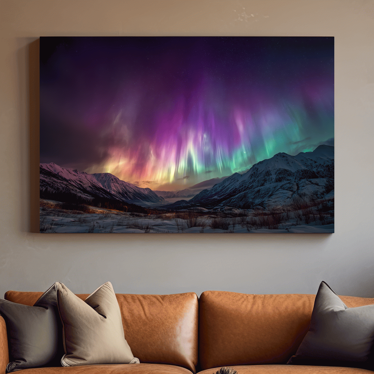 Vibrant Aurora Borealis Over Snowy Mountains - Northern Lights Night Sky Wall Art