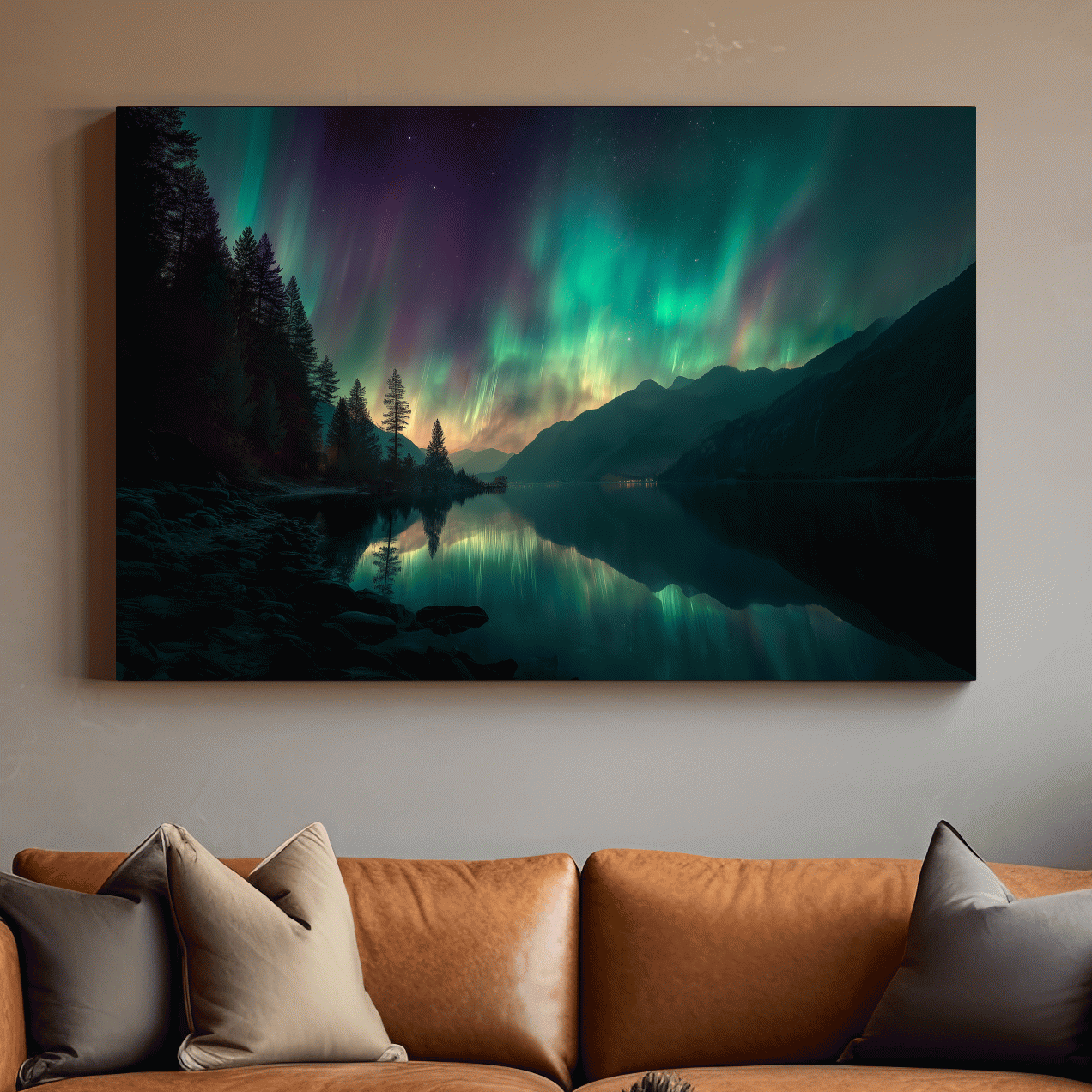 Vibrant Northern Lights Lake Reflection - Aurora Borealis Mountain Wall Art