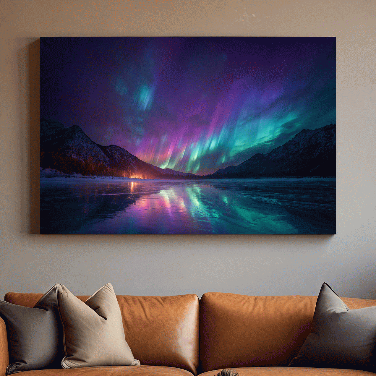 Vibrant Aurora Borealis Over Frozen Lake - Northern Lights Mountain Wall Art