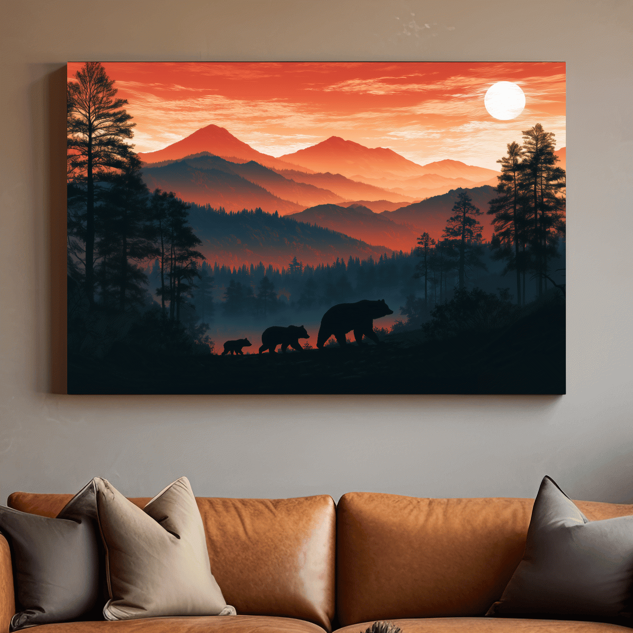 Mountain Sunset Bear Family Silhouettes - Wilderness Landscape Artwork
