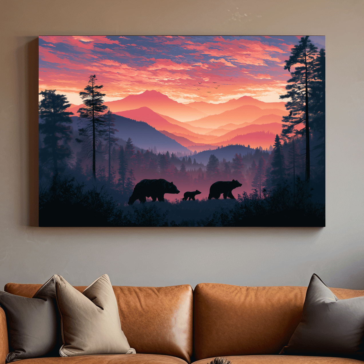 Moody Sunset Mountain Bear Family Silhouettes - Wildlife Wall Art