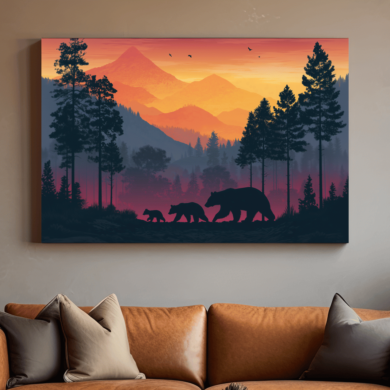 Sunset Momma Bear & Cubs Silhouette - Forest Wildlife Wall Art
