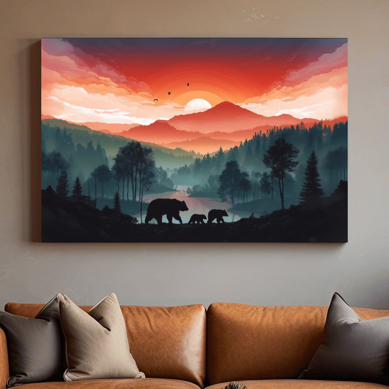 Sunset Bear Family Silhouette Landscape - Misty Mountain Forest Wall Art