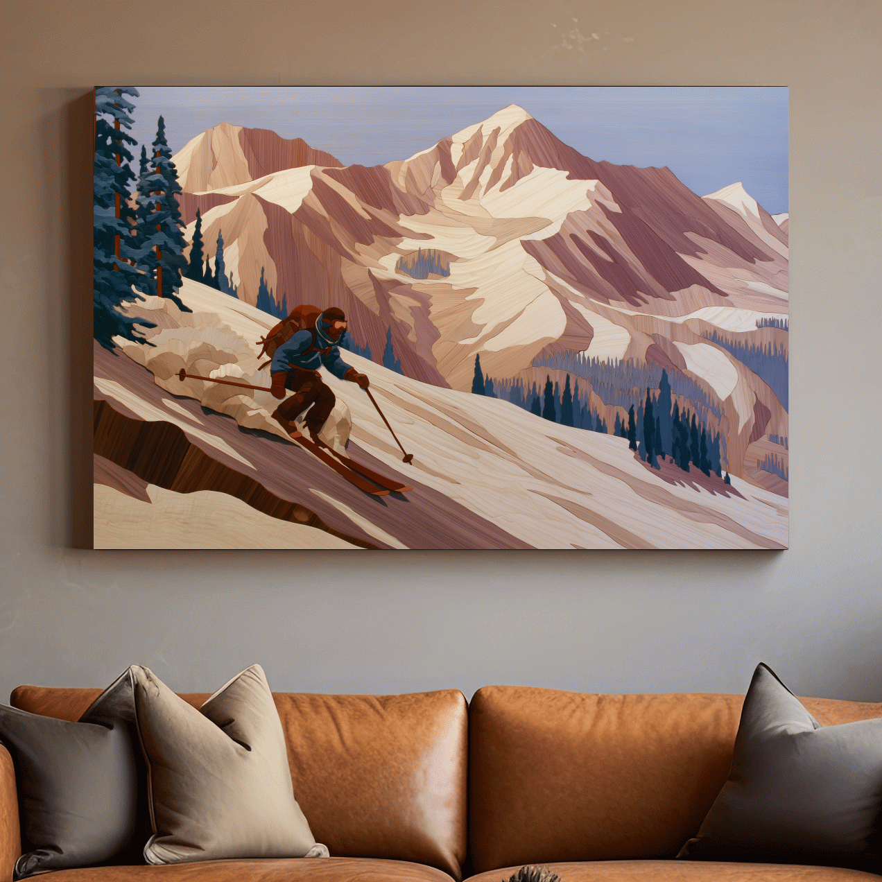 Backcountry Skier Descending Snowy Alpine Peaks - Modern Outdoor Adventure Wall Art