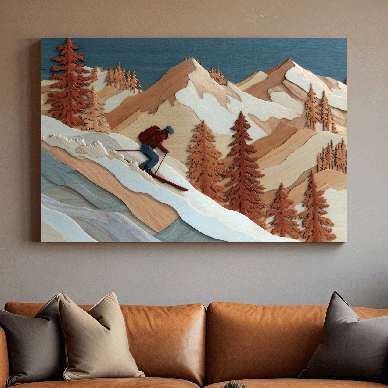 Wood Intarsia Style Skier Mountain Scene - Winter Alpine Wall Art