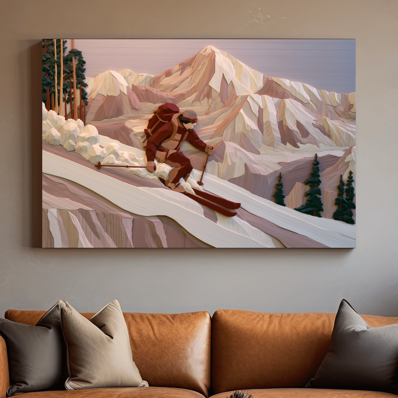 Geometric Backcountry Skier In Alpine Peaks - Winter Mountain Adventure Wall Art