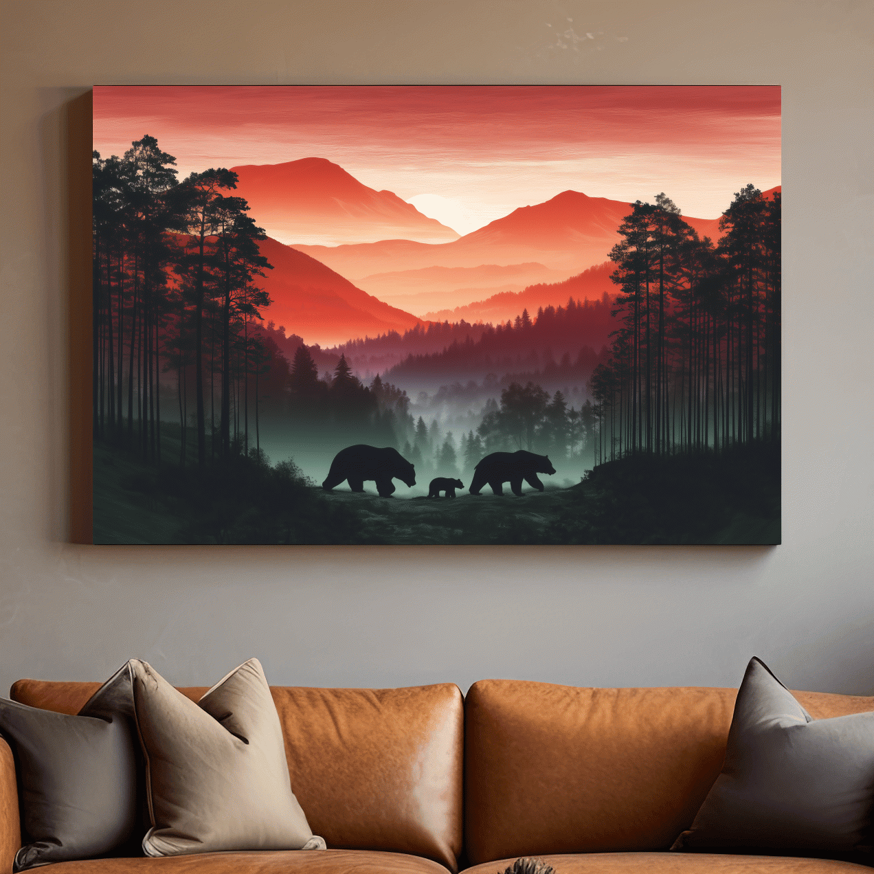 Moody Sunset Mountain Bear Family Silhouettes - Misty Forest Wildlife Wall Art
