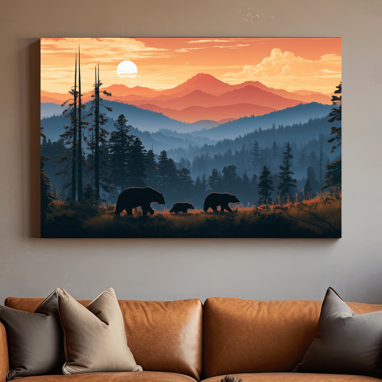 Bear Family Silhouettes - Mountain Sunset Wildlife Wall Art