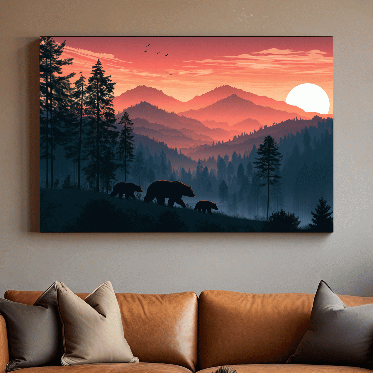 Bear Family Silhouette Mountain Sunset - Wildlife Landscape Wall Art