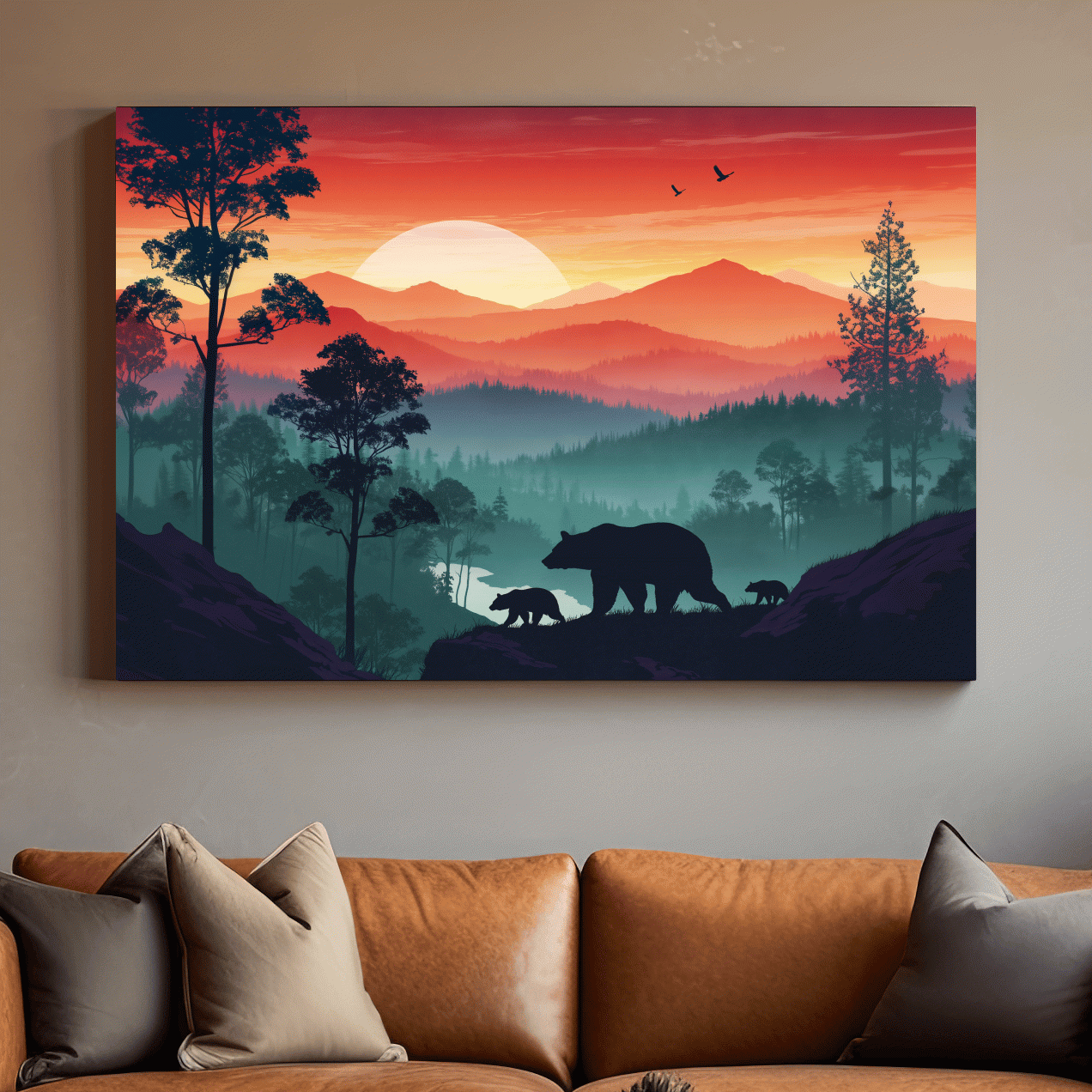 Sunset Mama Bear & Cubs Silhouette - Misty Forest Landscape Artwork