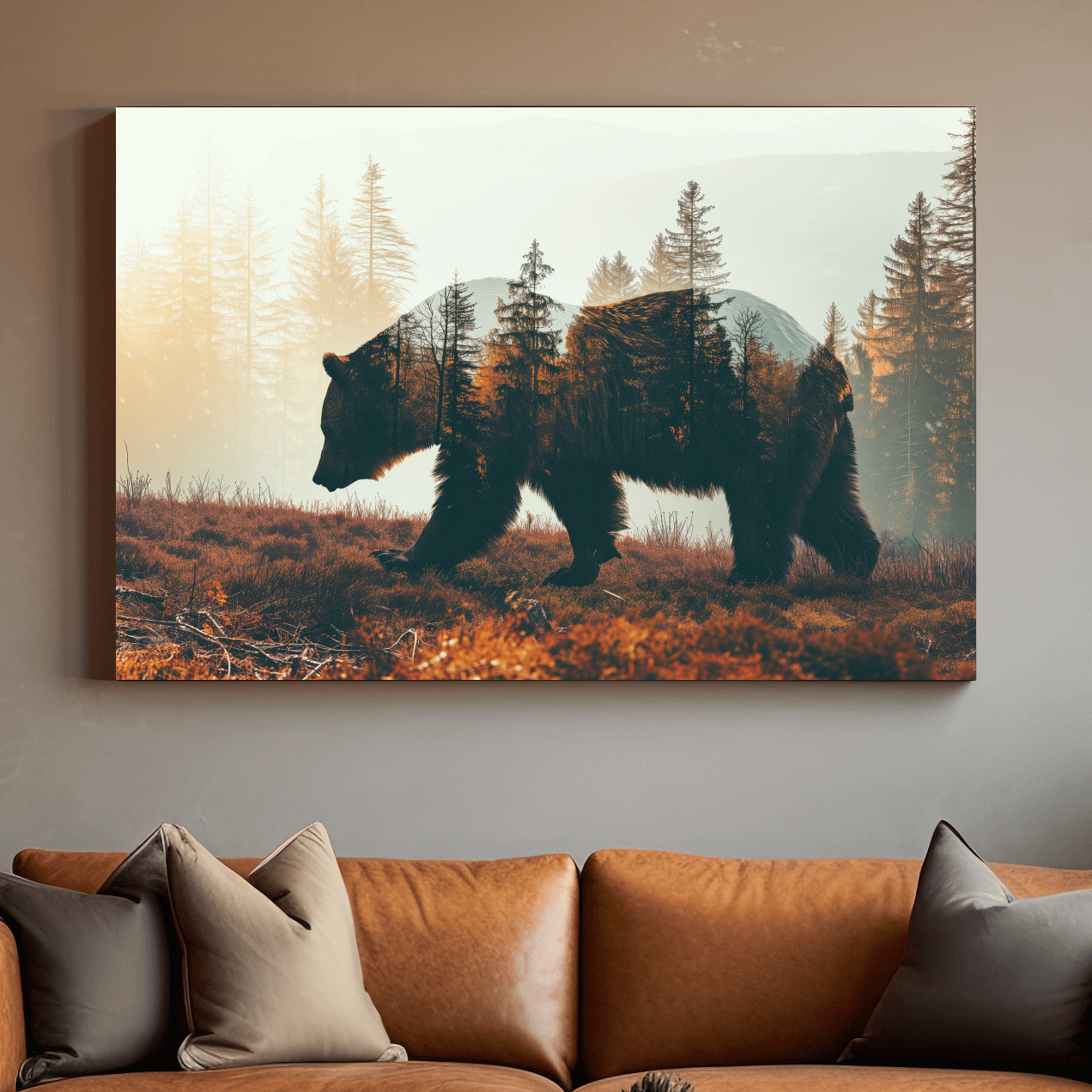 Double Exposure Grizzly Bear Forest - Misty Mountain Wildlife Photographic Artwork