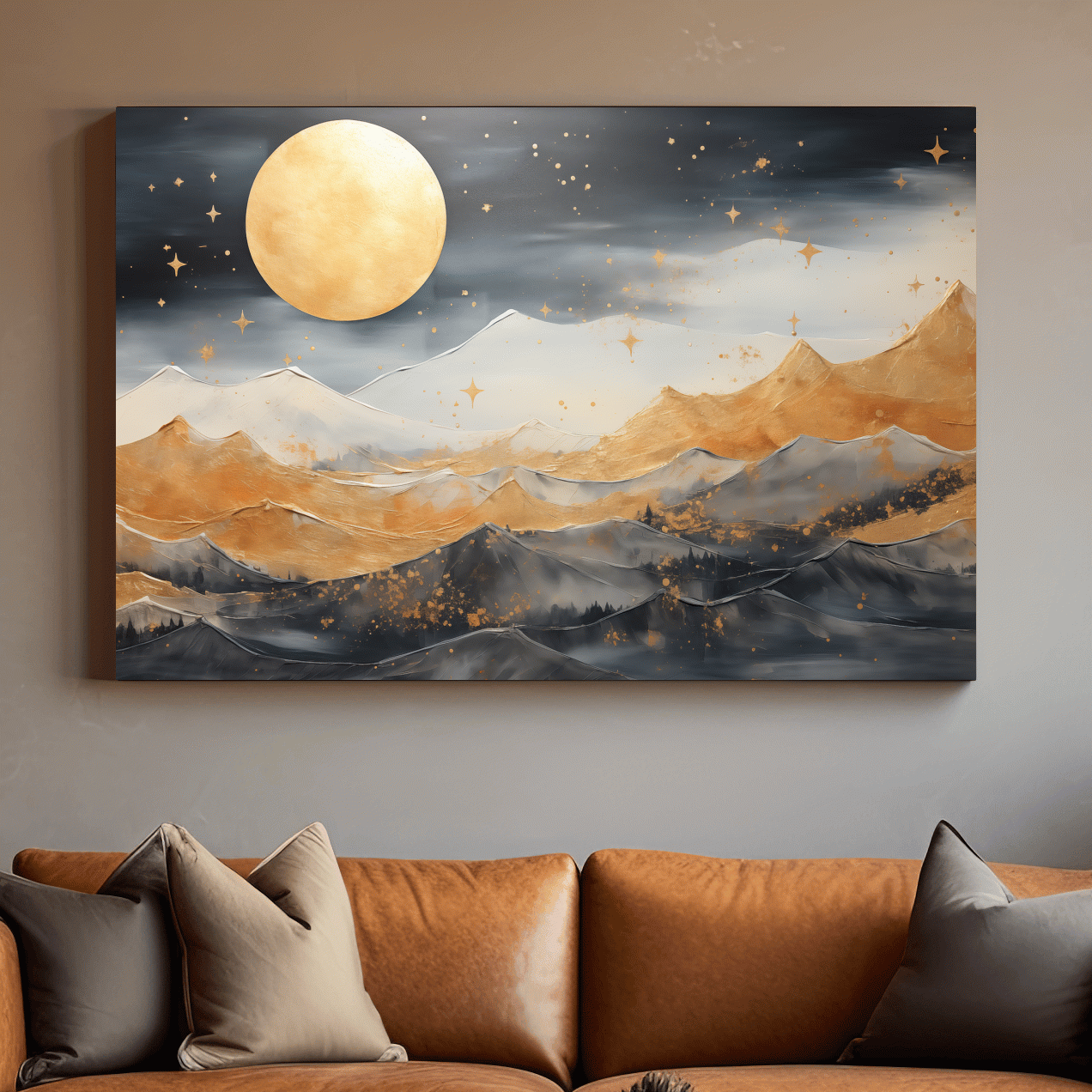 Golden Moonlit Abstract Mountain Landscape - Modern Watercolor Wall Art