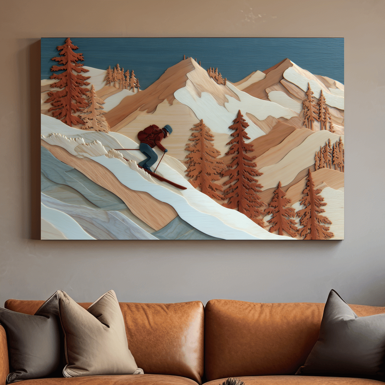 Wood Intarsia Style Skier Mountain Scene - Winter Alpine Wall Art