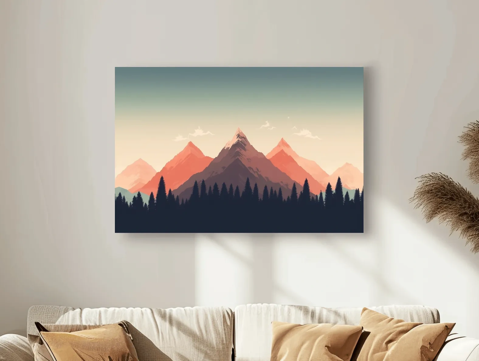 Minimalist Alpine Mountain Sunrise Artwork - Modern Scandinavian Forest Wall Art