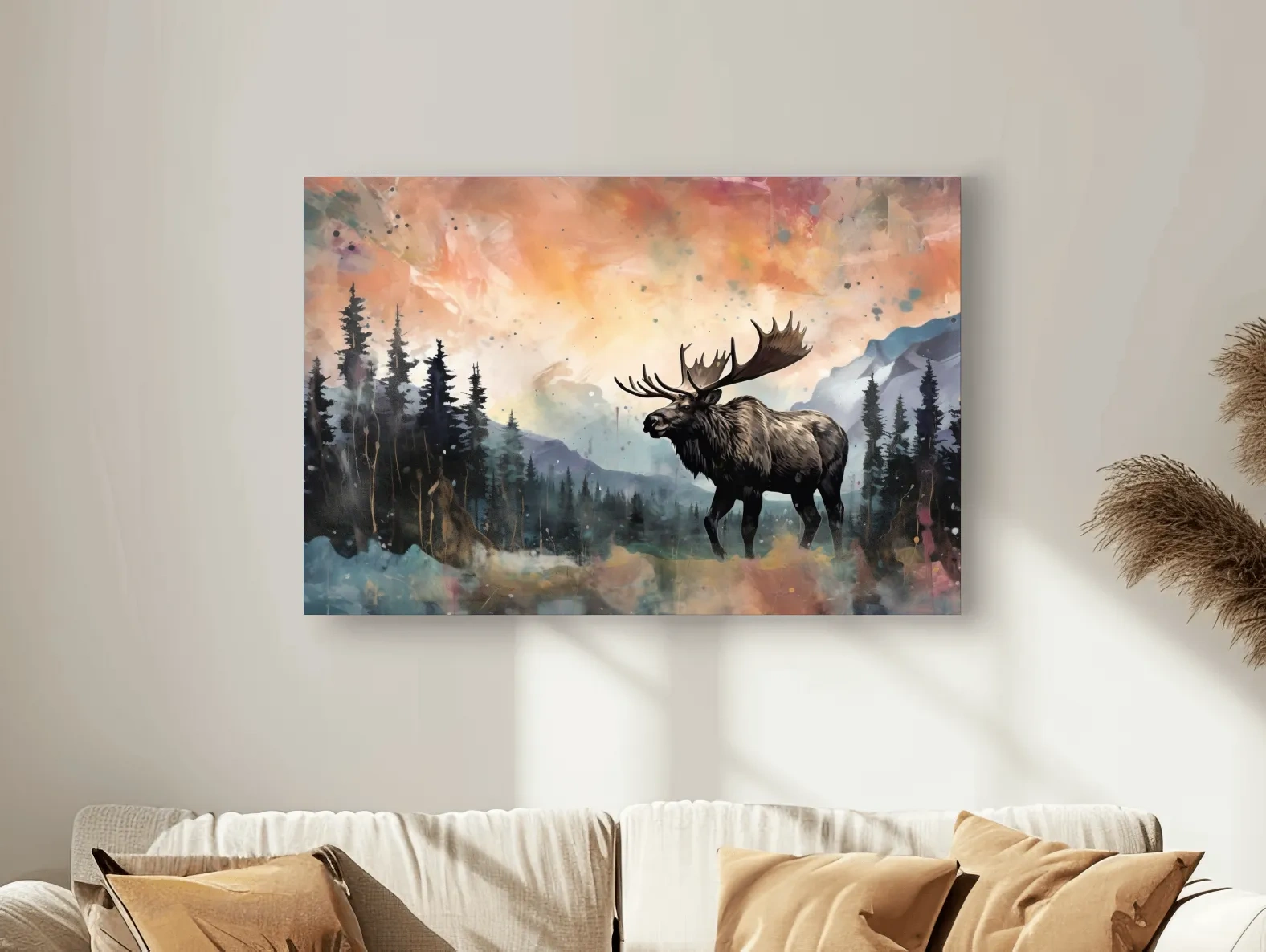 Watercolor Moose In Misty Mountain Forest - Rustic Wildlife Wall Art