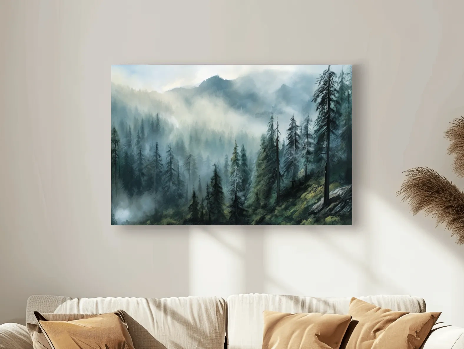 Misty Evergreen Forest Mountain Landscape - Moody Watercolor Nature Wall Art