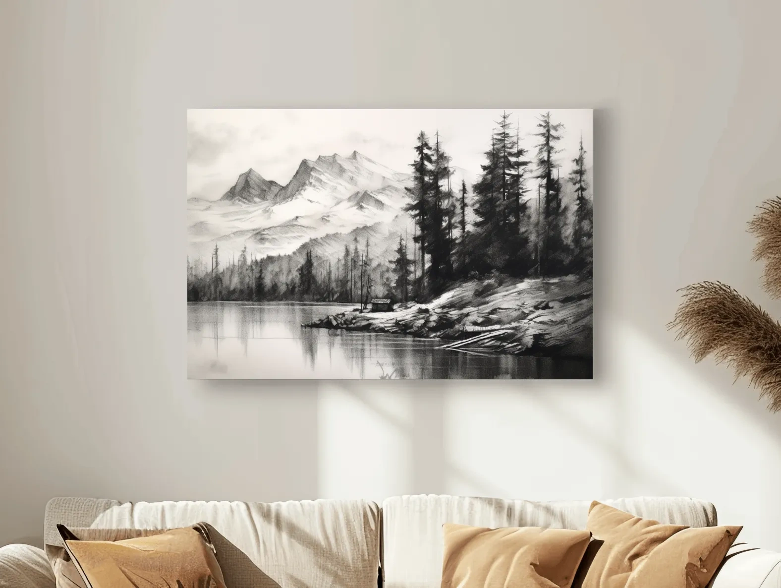 Monochrome Mountain Lake Charcoal Sketch - Pine Forest Landscape Wall Art