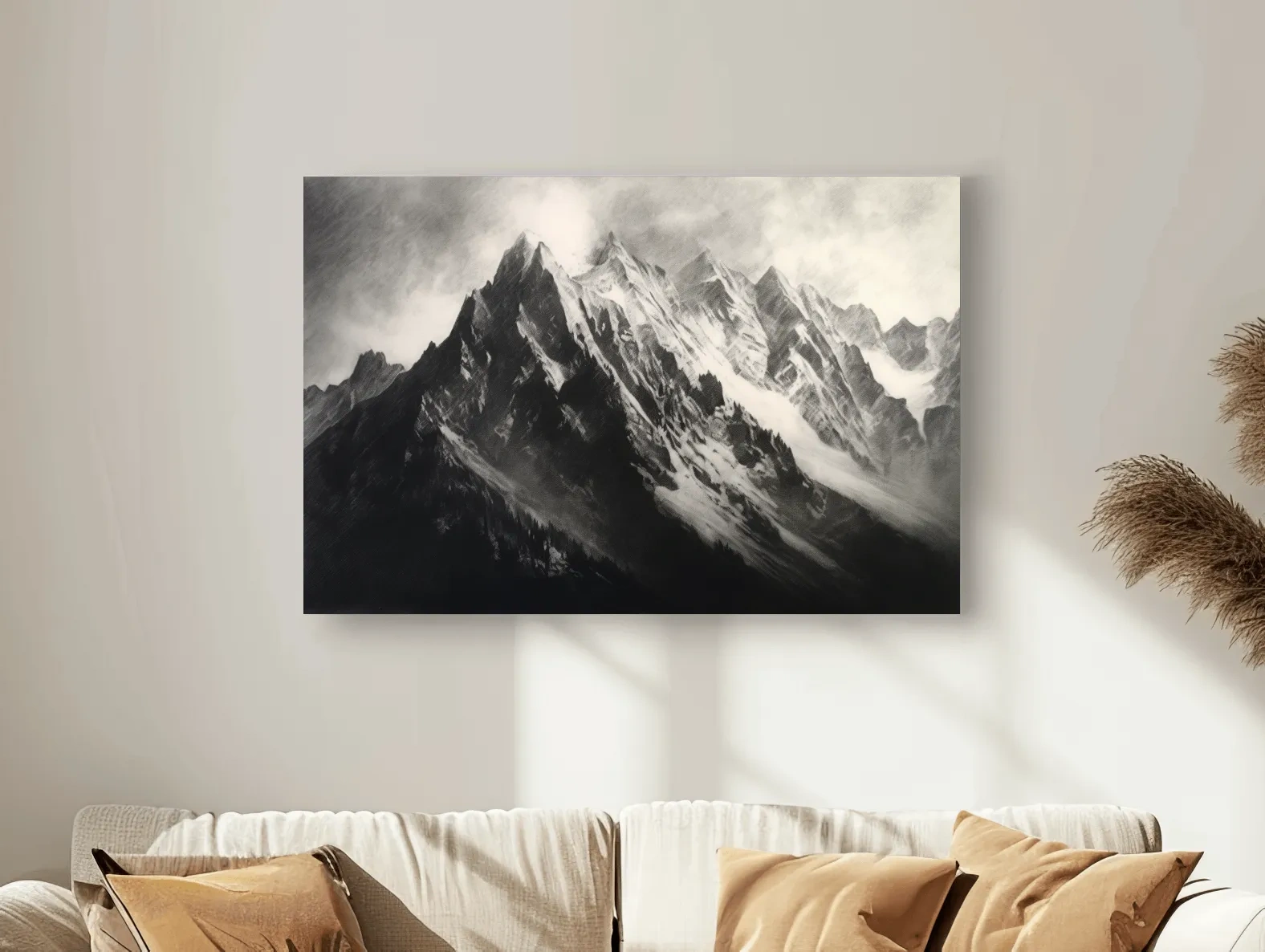 Moody Monochrome Snowy Mountain Peaks - Dramatic Charcoal Landscape Artwork