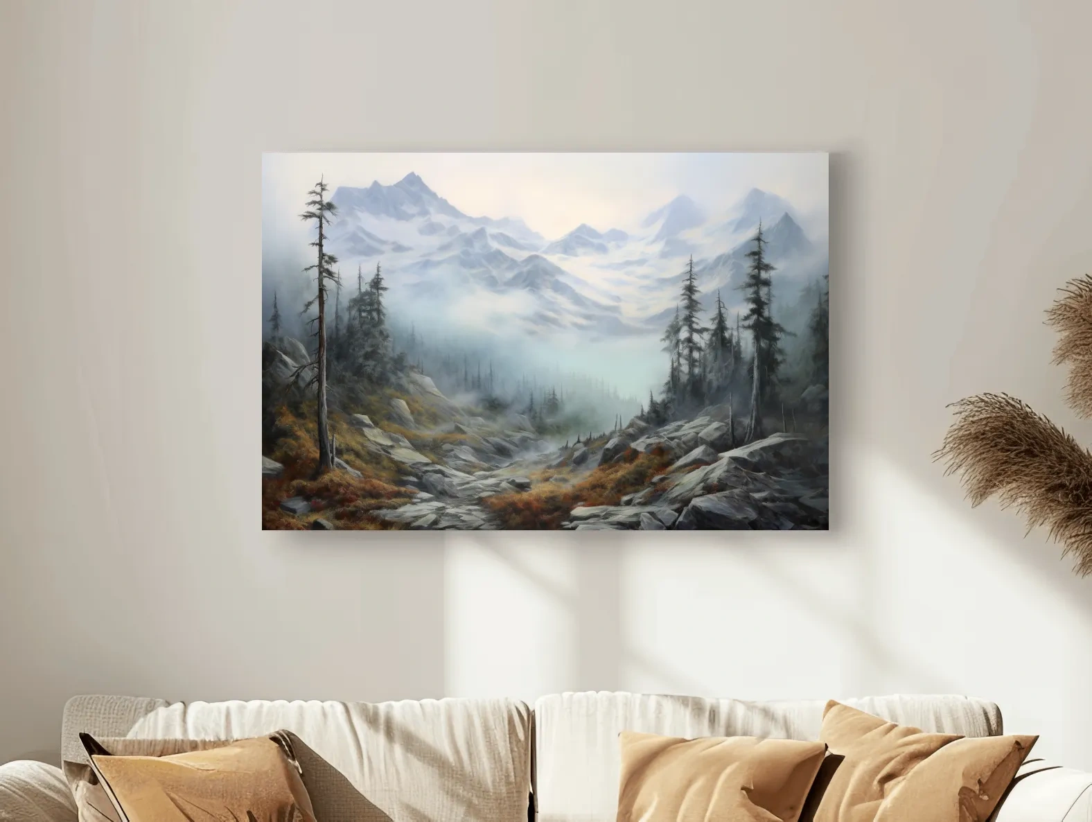 Misty Alpine Valley Painting - Moody Foggy Mountain Landscape Wall Art