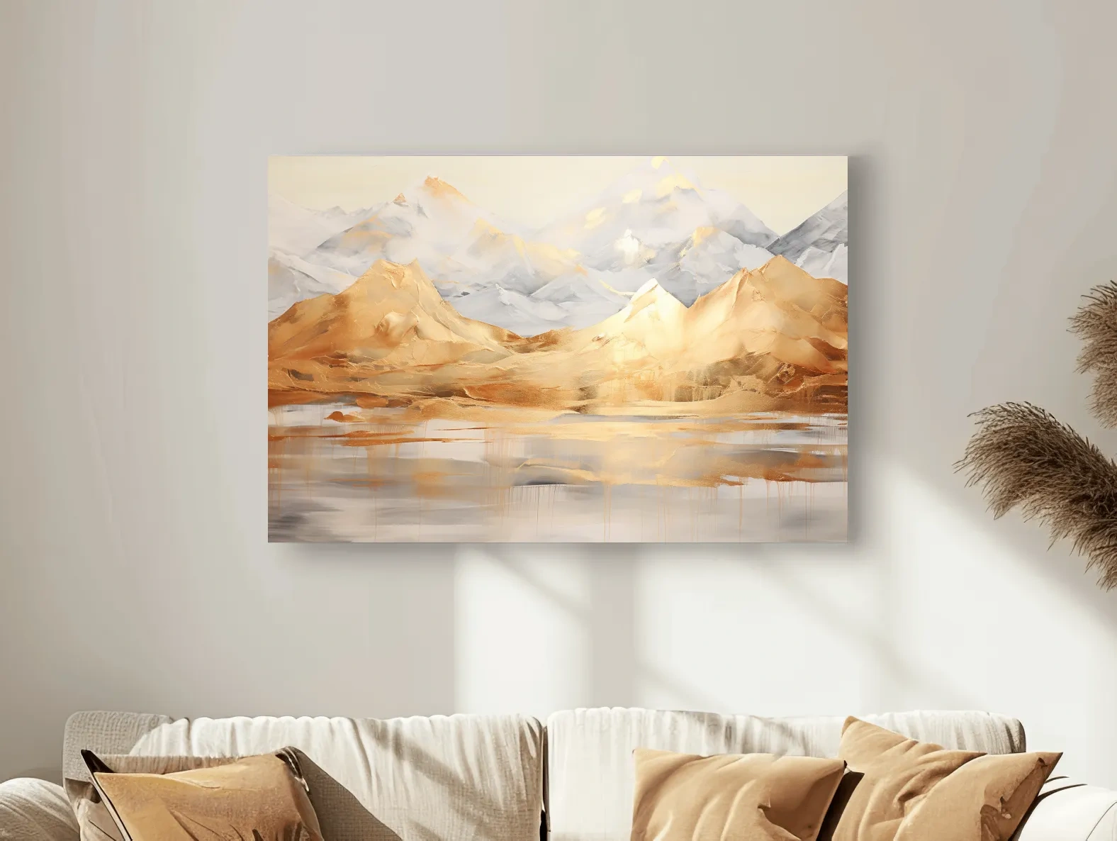 Luxe Golden Abstract Mountain Lake Painting - Elegant Landscape Wall Art