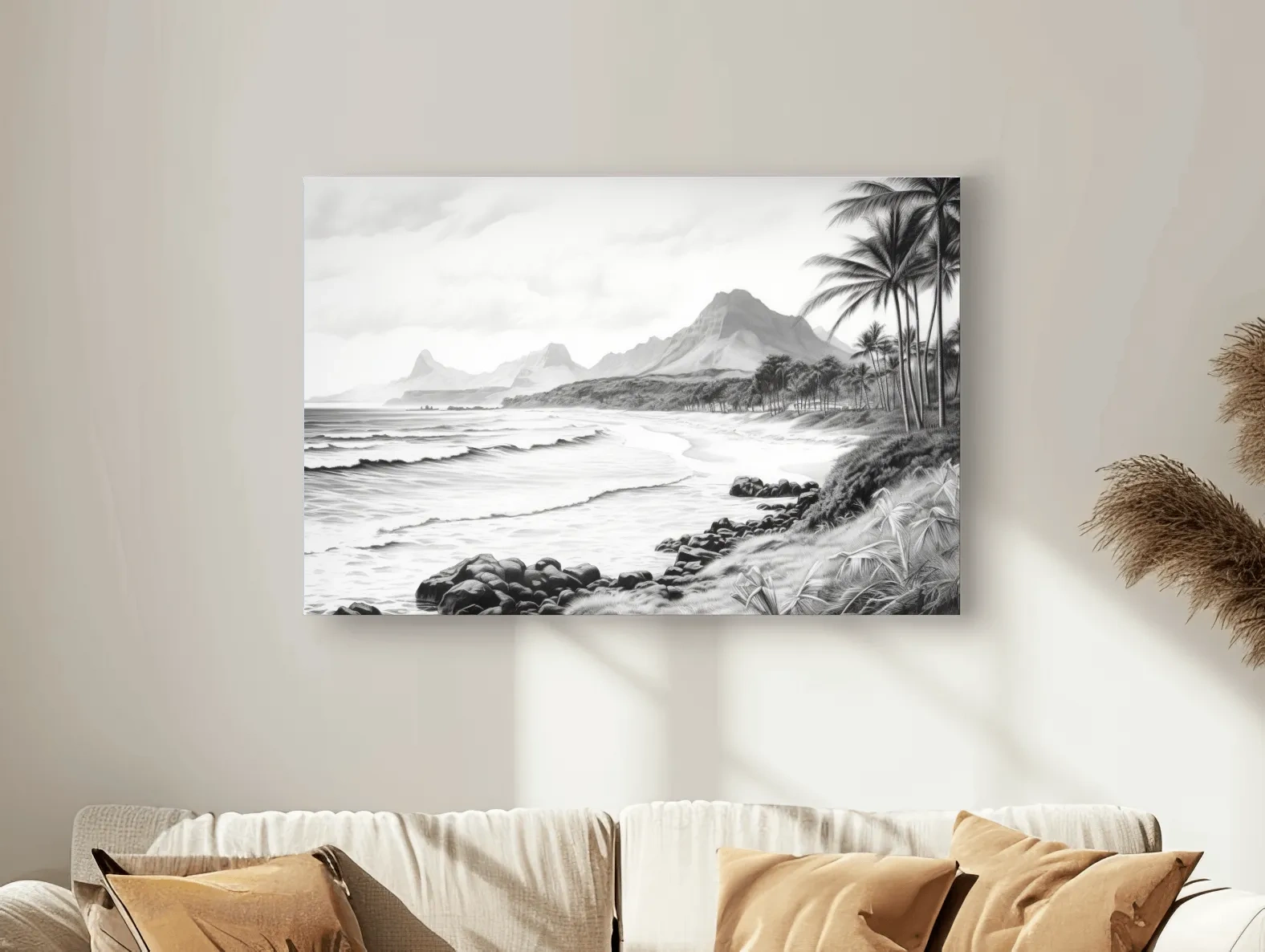 Black and white drawing of a tropical beach mountain scene