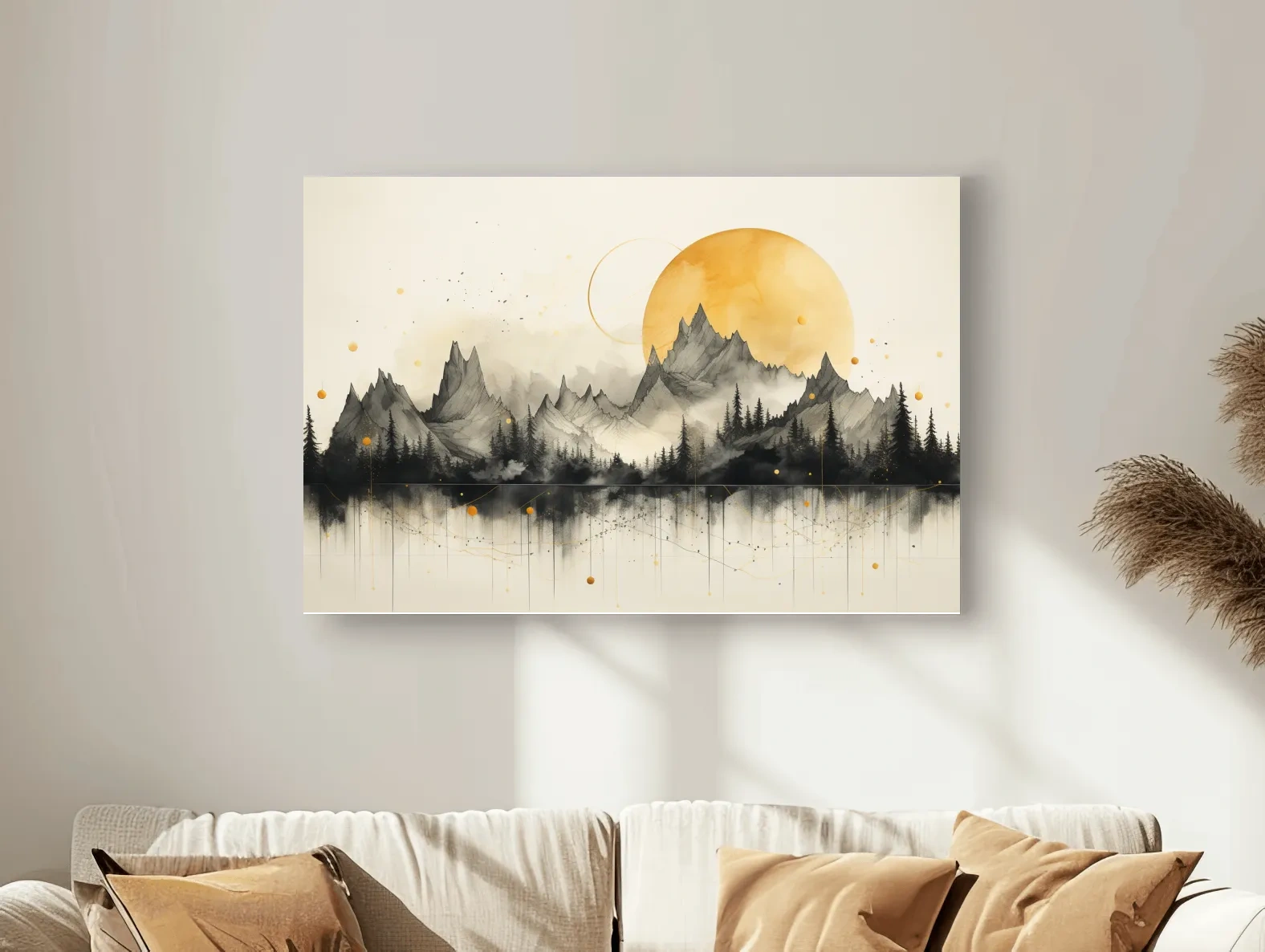 Golden Sun Abstract Mountain Range - Minimalist Watercolor Landscape Wall Art