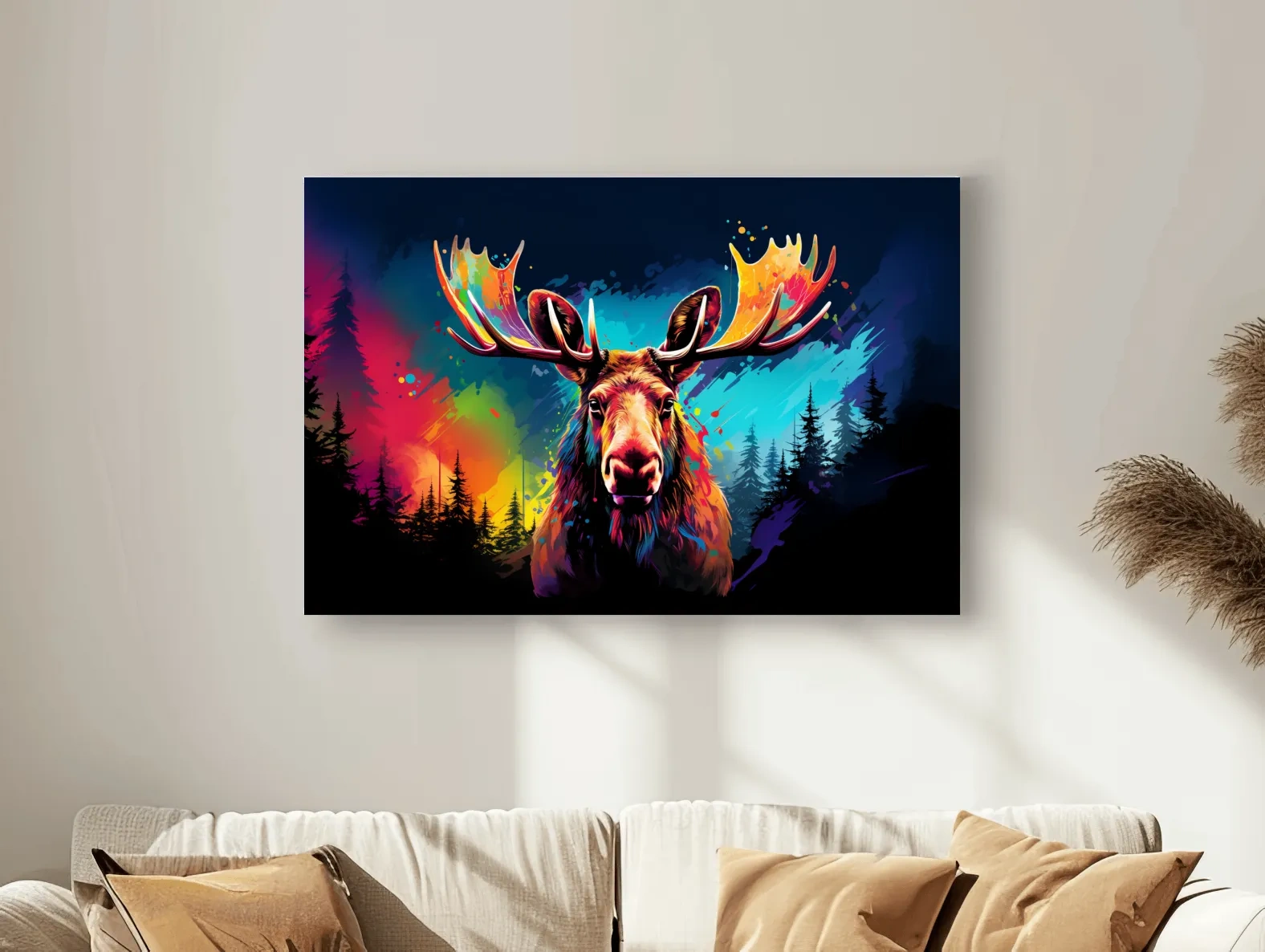 Vibrant Abstract Retro Moose Portrait - Colorful Splash Paint Wildlife Wall Art