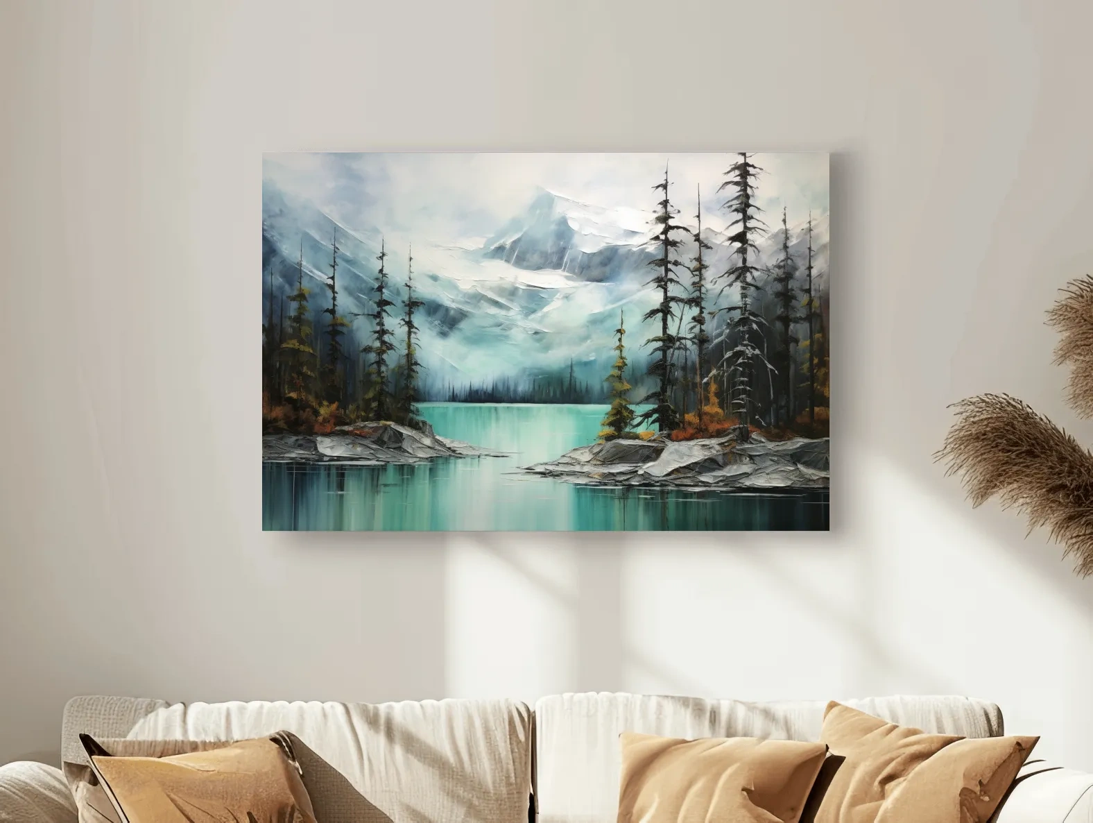 Misty Turquoise Mountain Lake Painting - Serene Alpine Forest Landscape Wall Art