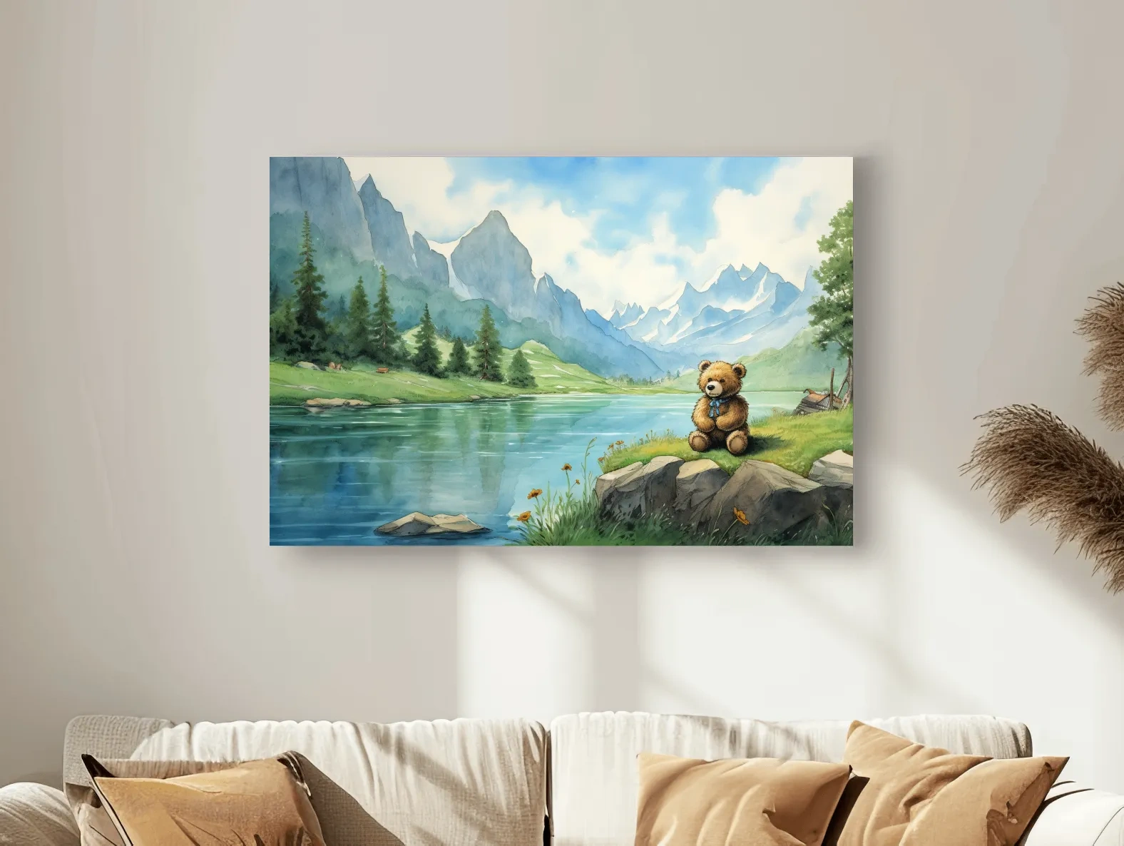 Whimsical Teddy Bear By Mountain Lake - Cute Watercolor Nursery Wall Art