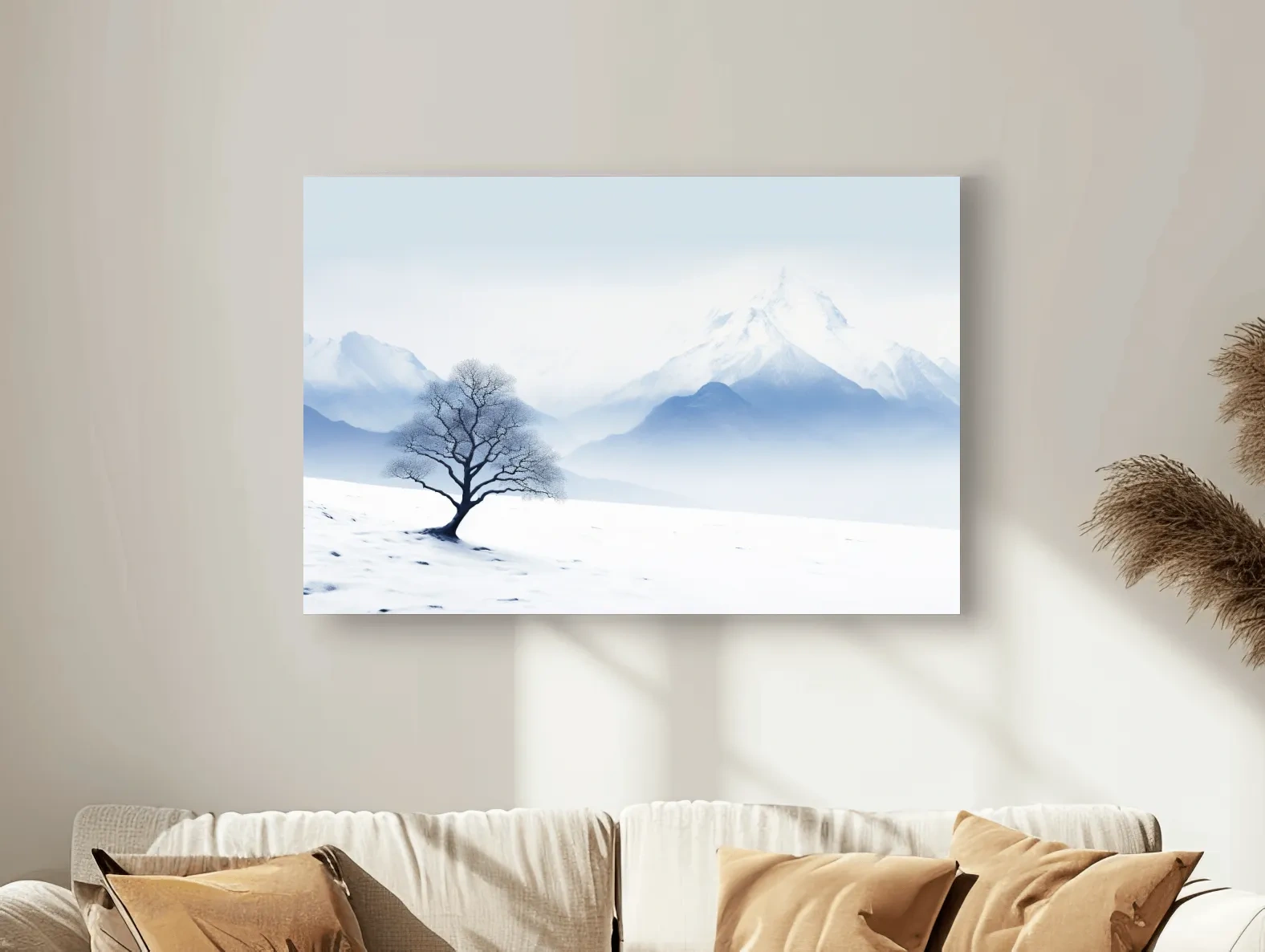 Minimalist Snowy Mountain Landscape With Lone Tree - Serene Winter Painting Wall Art