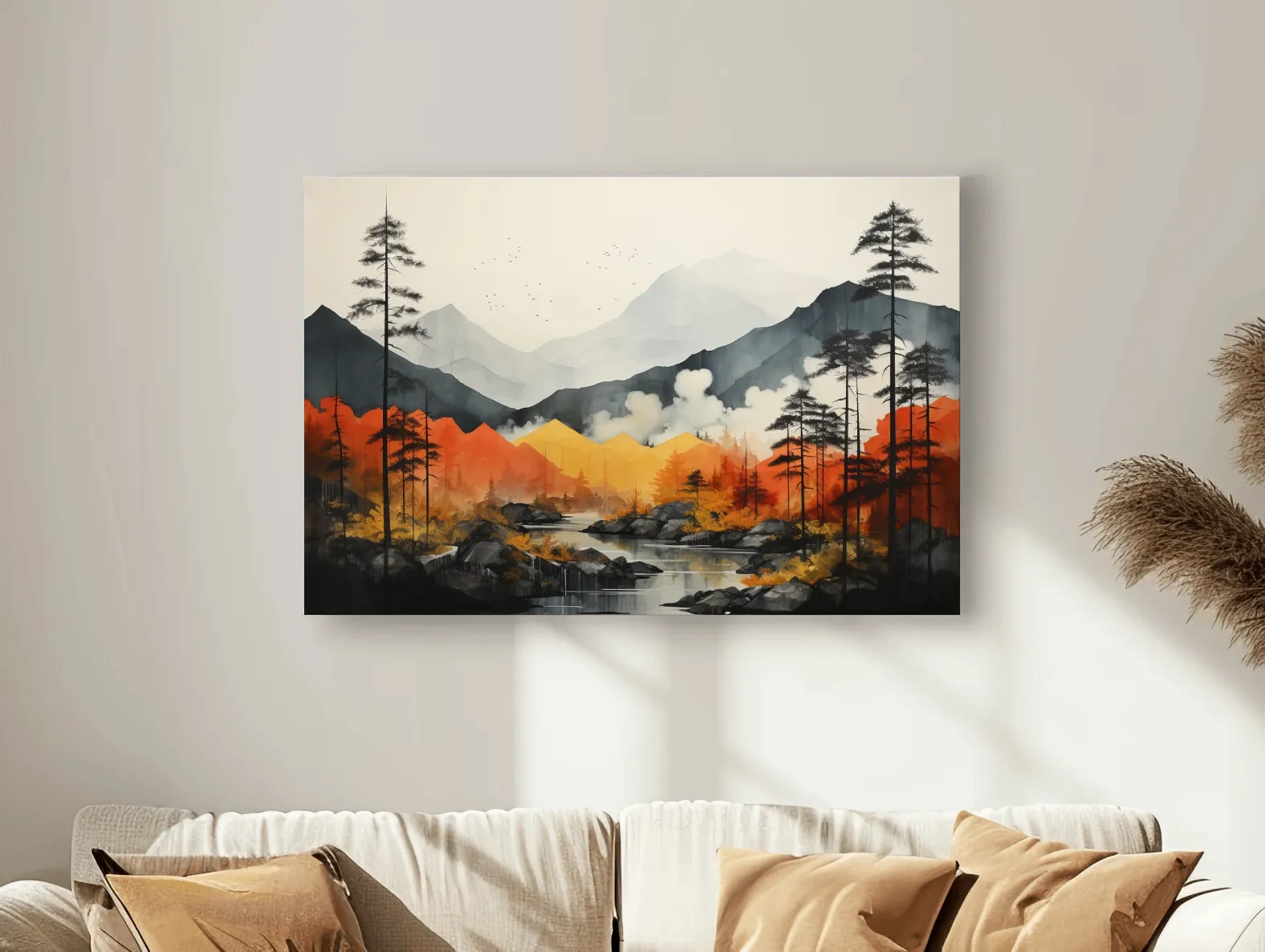 Surreal Mountain Lake Landscape - Autumn Forest Watercolor Wall Art