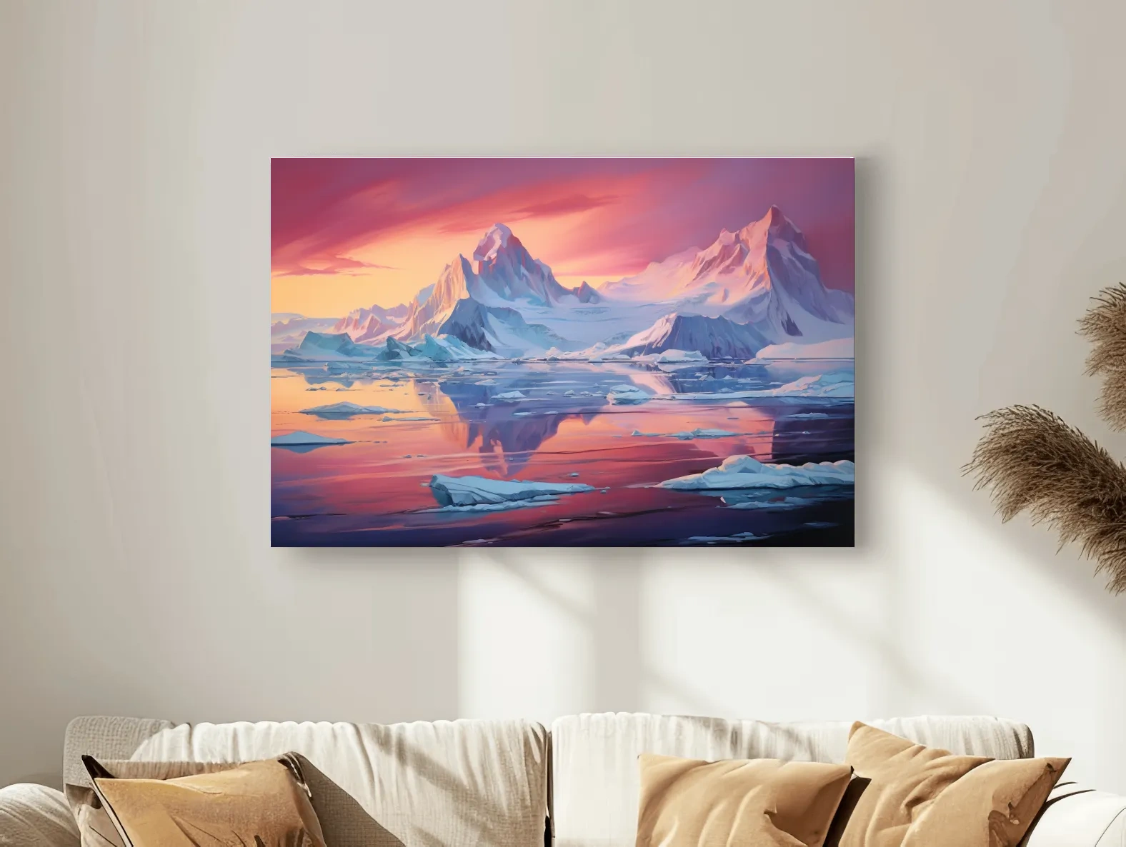 Painting of a sunset over the antarctic glacier