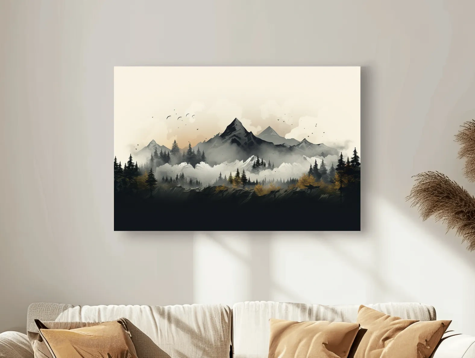 Misty Mountain Range With Pine Forest Illustration - Moody Landscape Wall Art