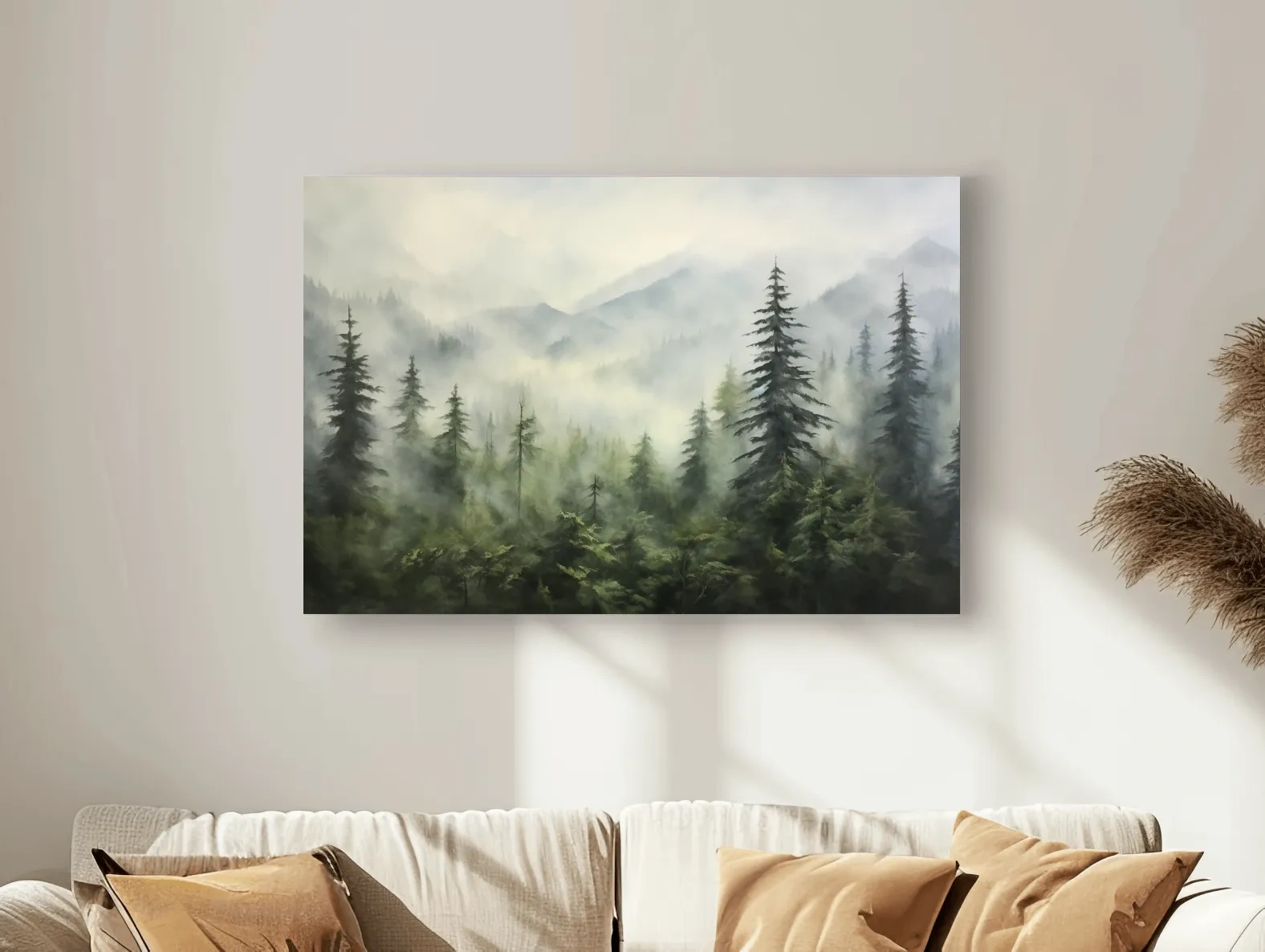 Misty Evergreen Forest Mountains Watercolor - Serene Foggy Landscape Artwork
