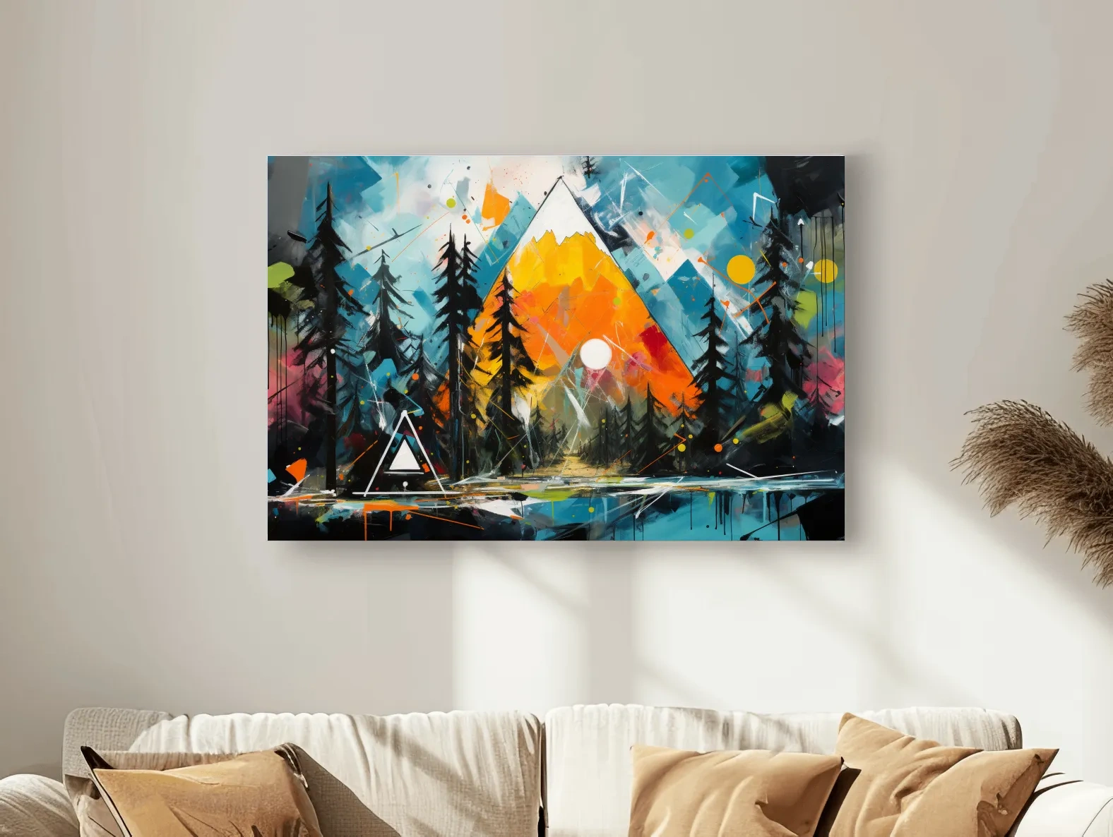 Vibrant Abstract Mountain Sunrise With Pine Forest - Energetic Landscape Wall Art
