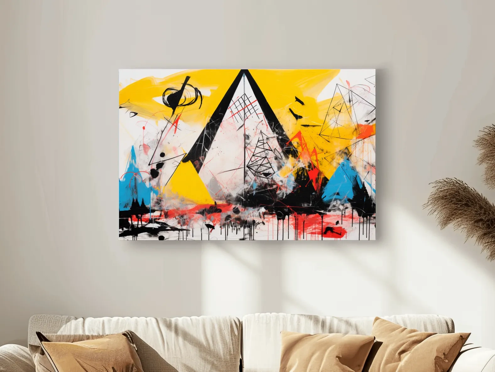 Abstract energetic graffiti style geometric mountain painting