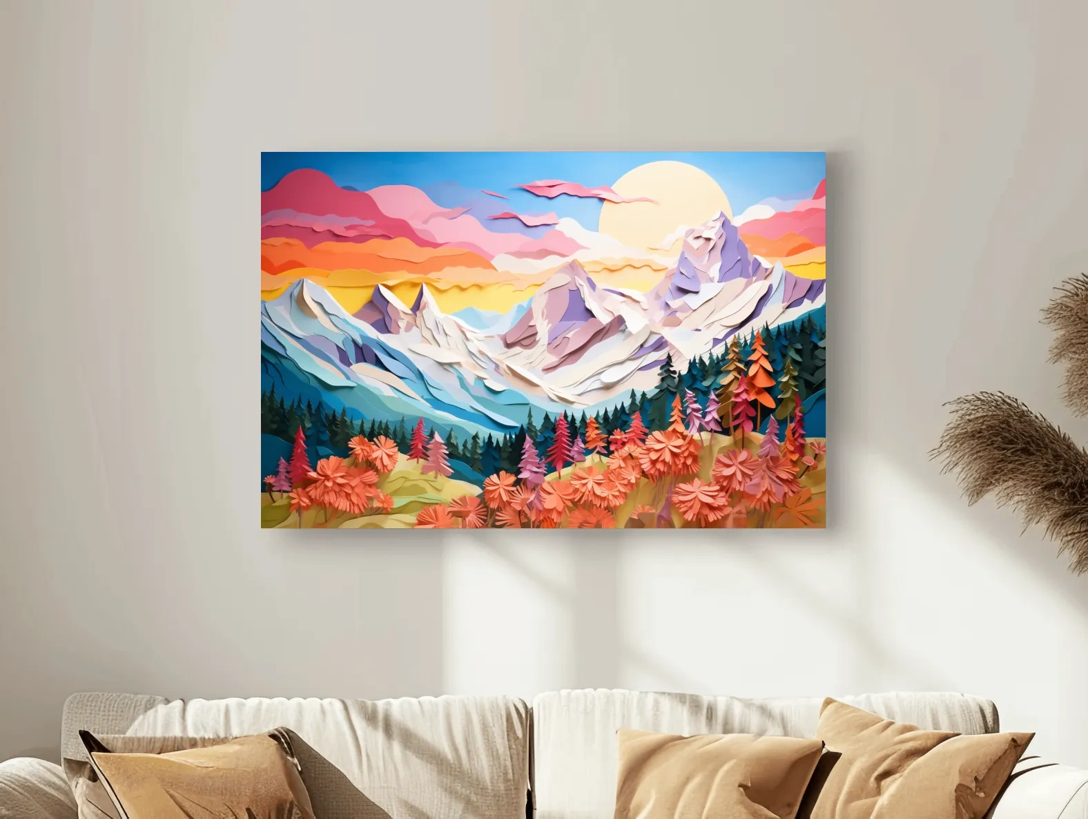 Faux Paper Cut Mountain Sunrise Landscape - Colorful Alpine Meadows Wall Art Print