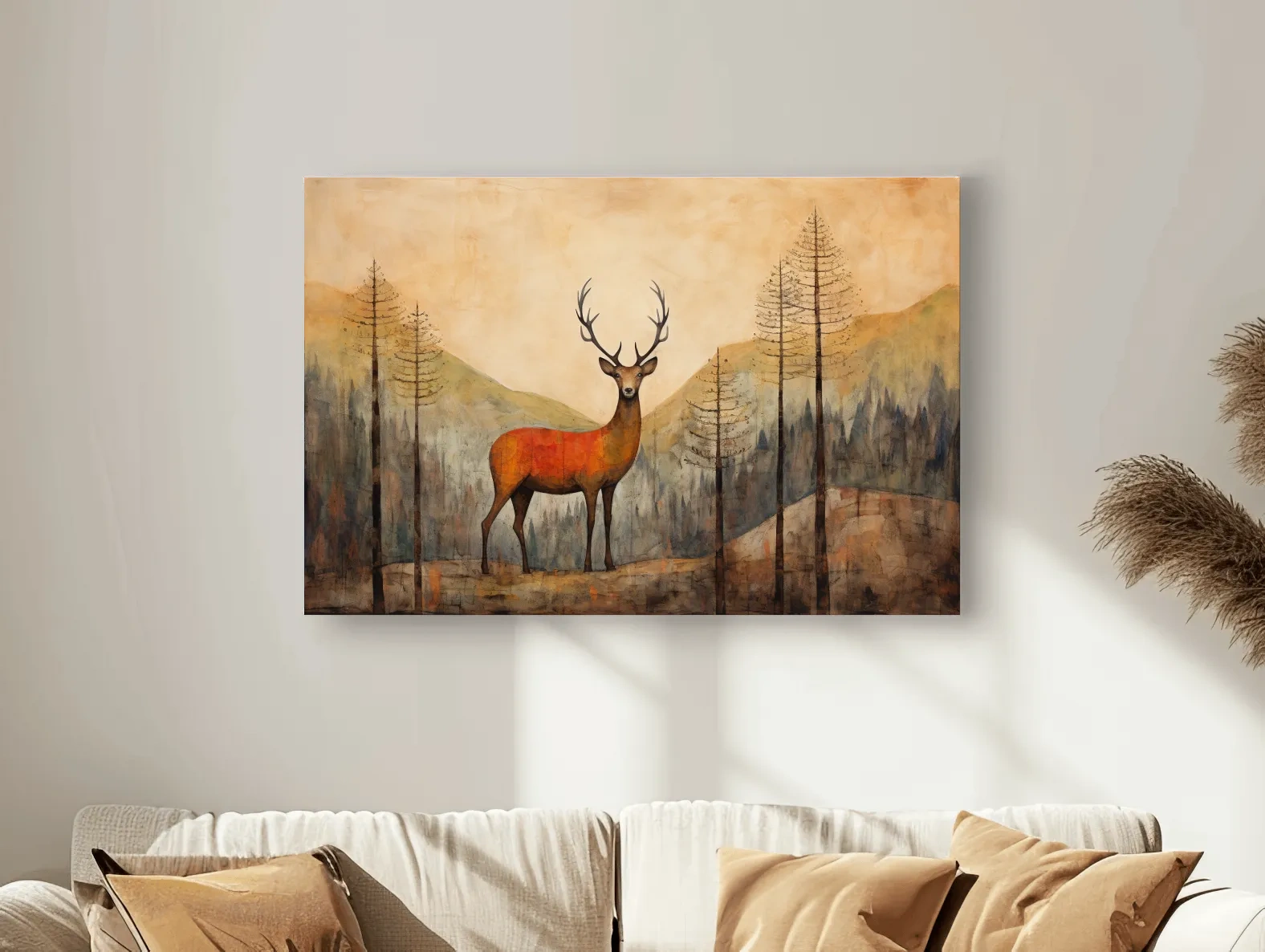 Rustic Woodland Stag Watercolor Painting - Autumn Mountain Forest Wildlife Wall Art