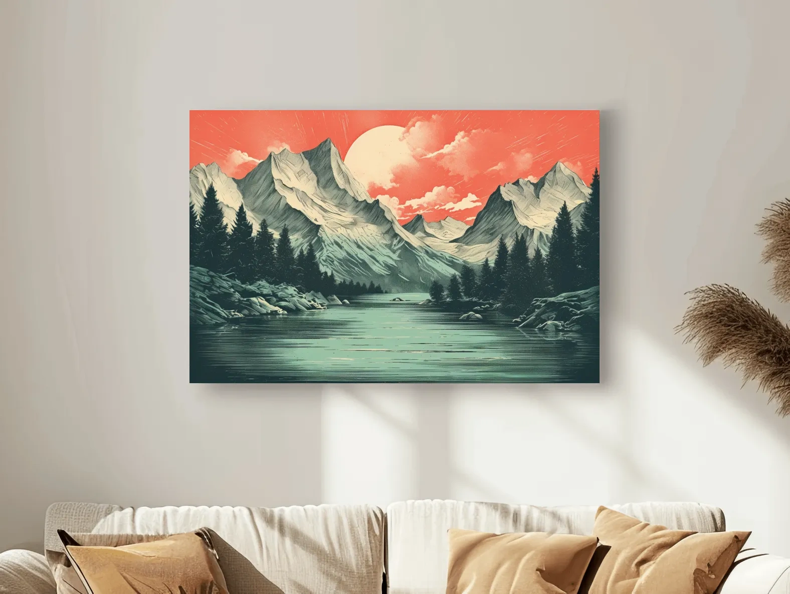 Risograph style illustration of an alpine lake at sunset
