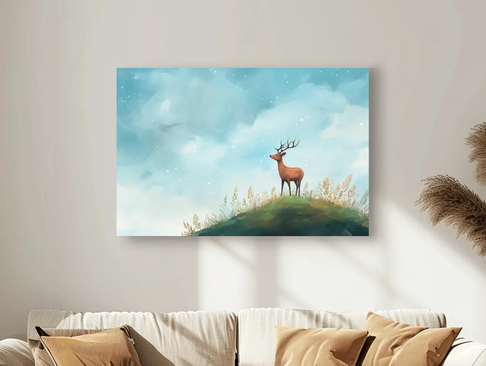 Whimsical Watercolor Stag On Meadow Hill - Nursery Woodland Wildlife Wall Art