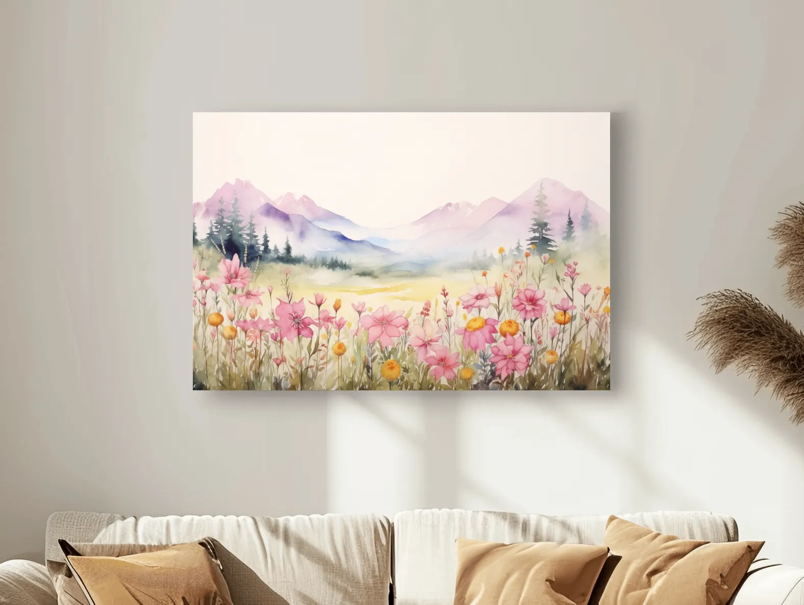 Pastel Wildflower Meadow Mountains Watercolor - Serene Alpine Wall Art