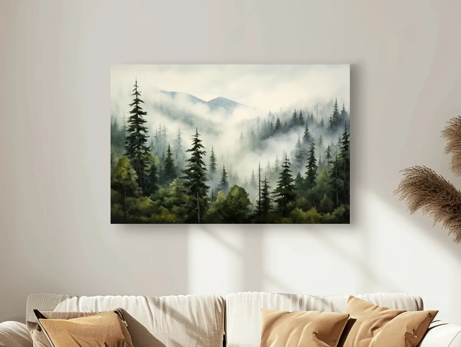 Foggy Alpine Mountain Forest Painting - Moody Watercolor Landscape Wall Art