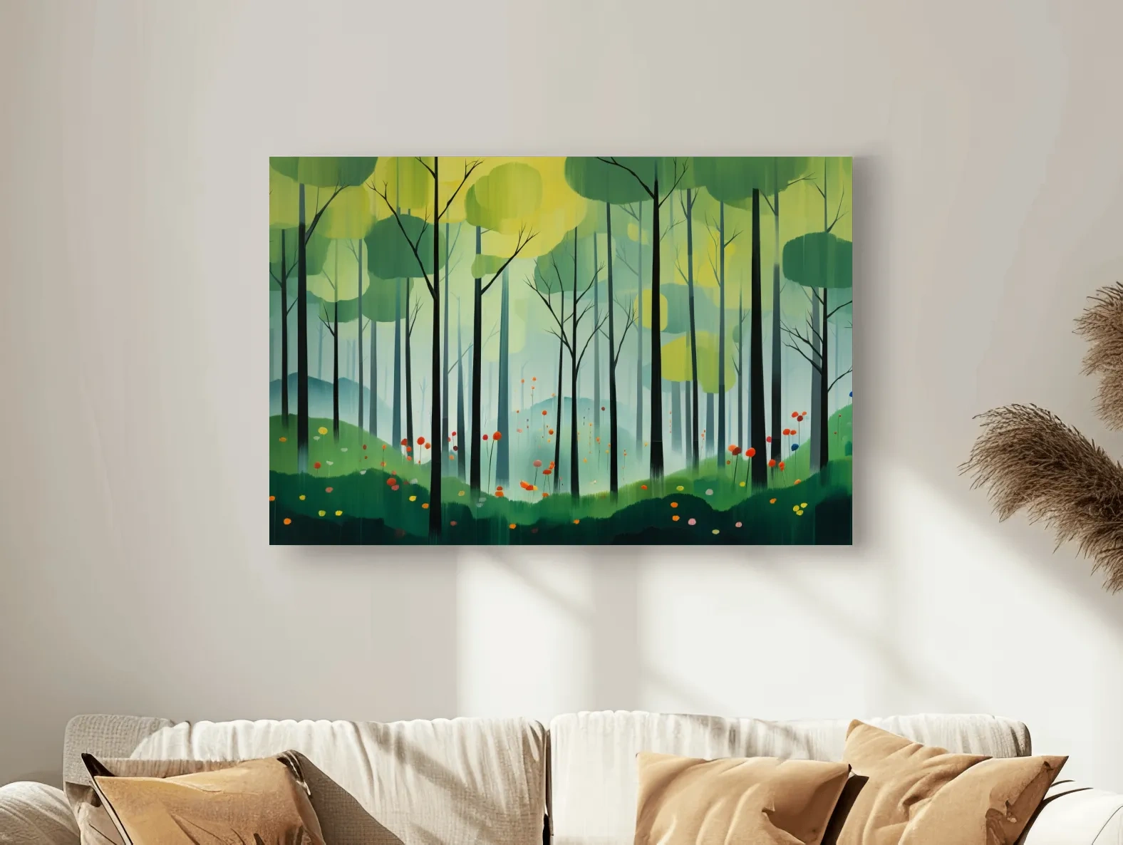 Whimsical Misty Forest Grove Illustration - Woodland Landscape Wall Art